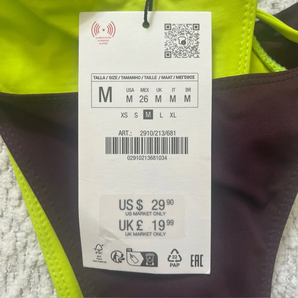 NWT Zara Double Bikini Bottom Swim Suit Size Medium Brown Neon Green Vacation - Picture 5 of 11